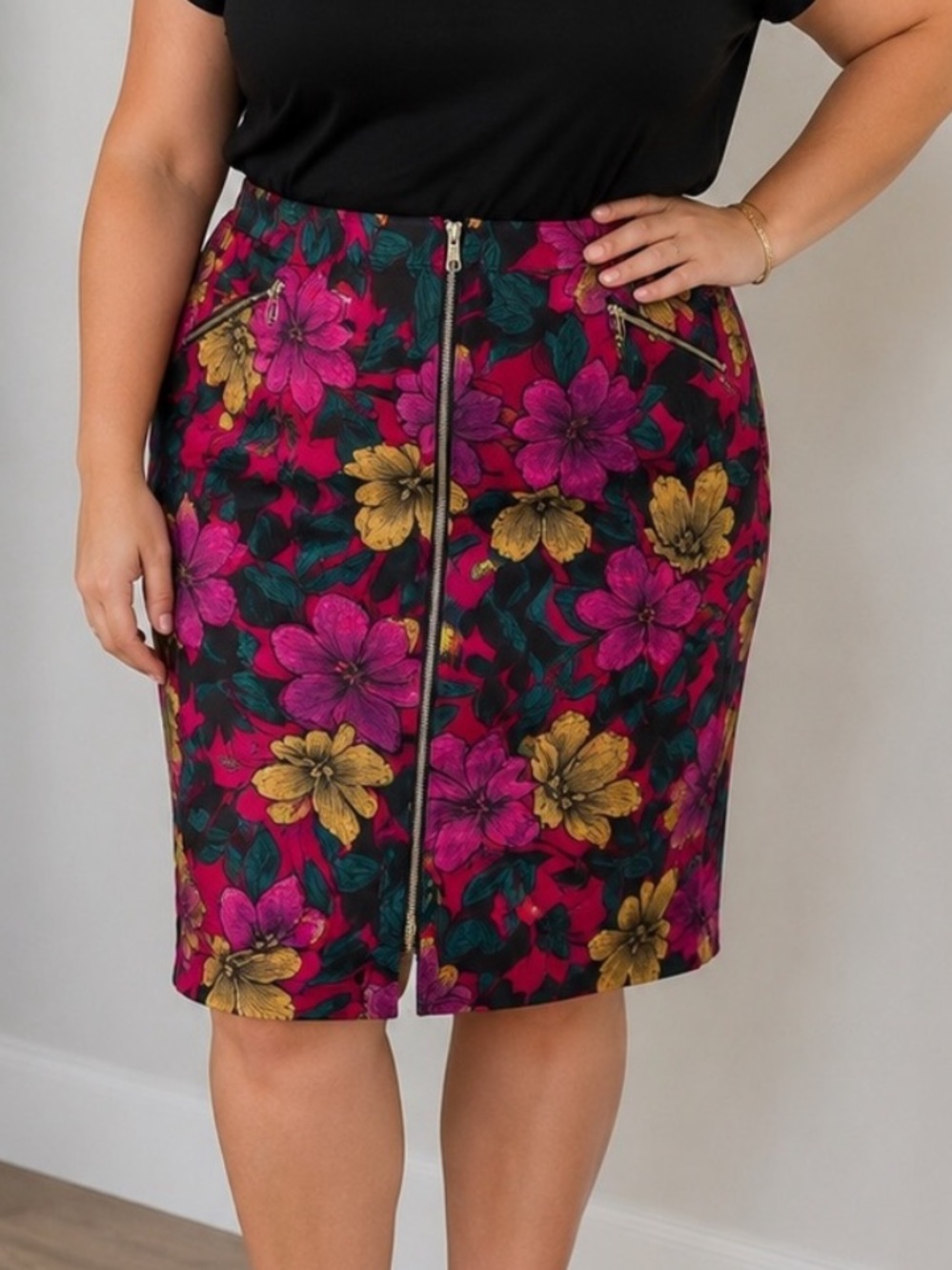 Worthington Floral Zip Front Pencil Skirt Plus Size 24W Career Chic